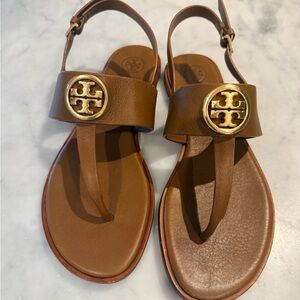 Tory Burch Benton 2 Flat Thong Sandal Calf Leather Royal Tan